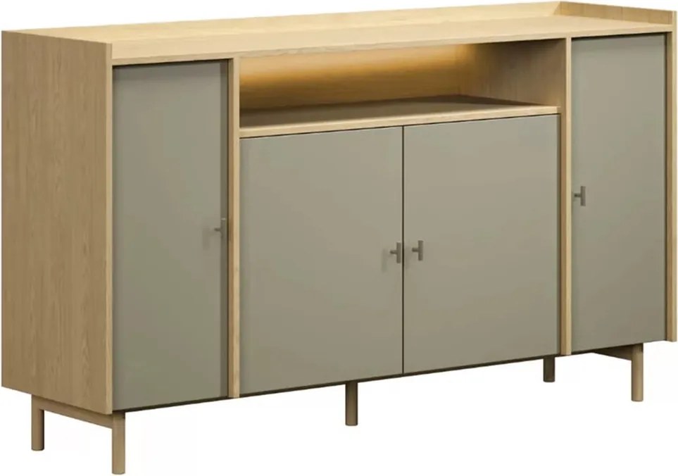 Komoda czterodrzwiowa z wnęką Sumira 170 cm - eukaliptus / dąb baltic dune / stelaż metalowy - Wyprzedaż ekspozycji