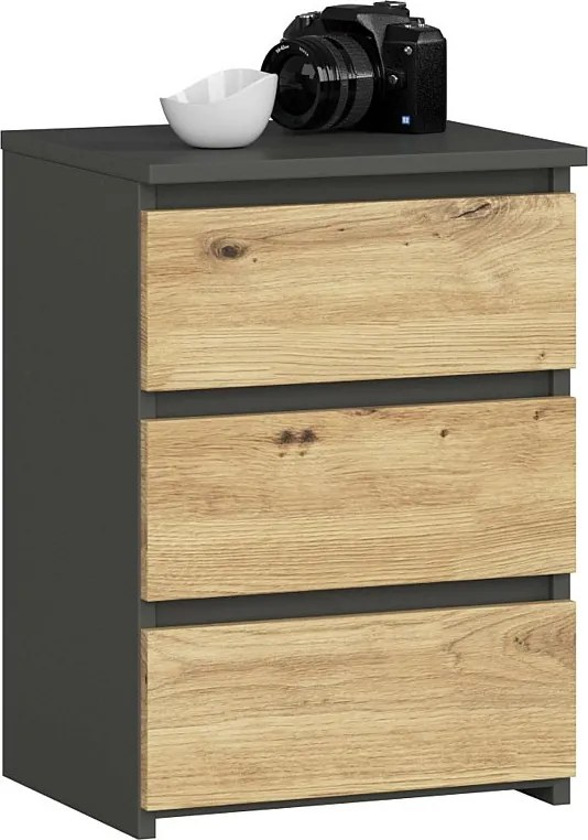 Szafka nocna AKORD CL3 Grafit Szary 40 cm 3 szuflady kolor Dąb Artisan mat 40x35x57 cm