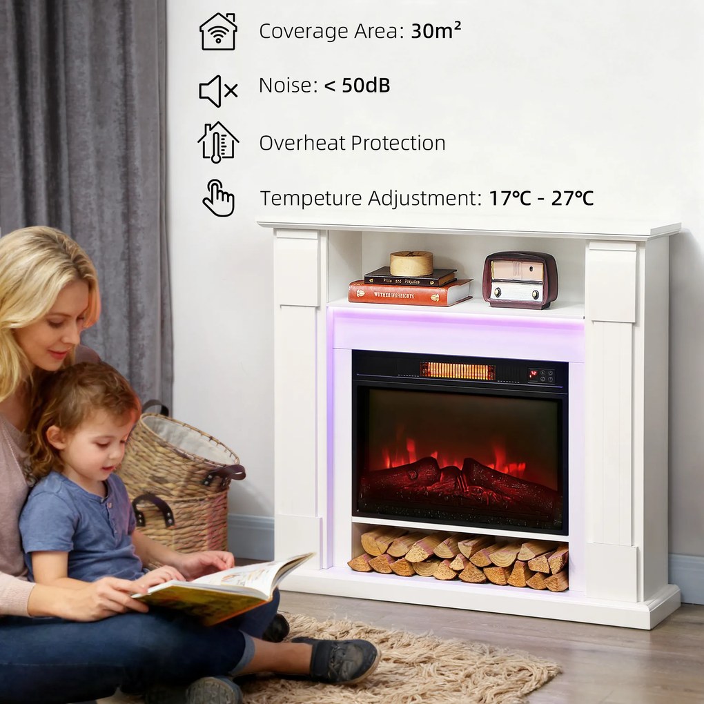HOMCOM Kominek elektryczny z oświetleniem LED, realistyczny efekt płomieni, 1800W, półka nad kominkiem, 2 piloty, szkło, biały