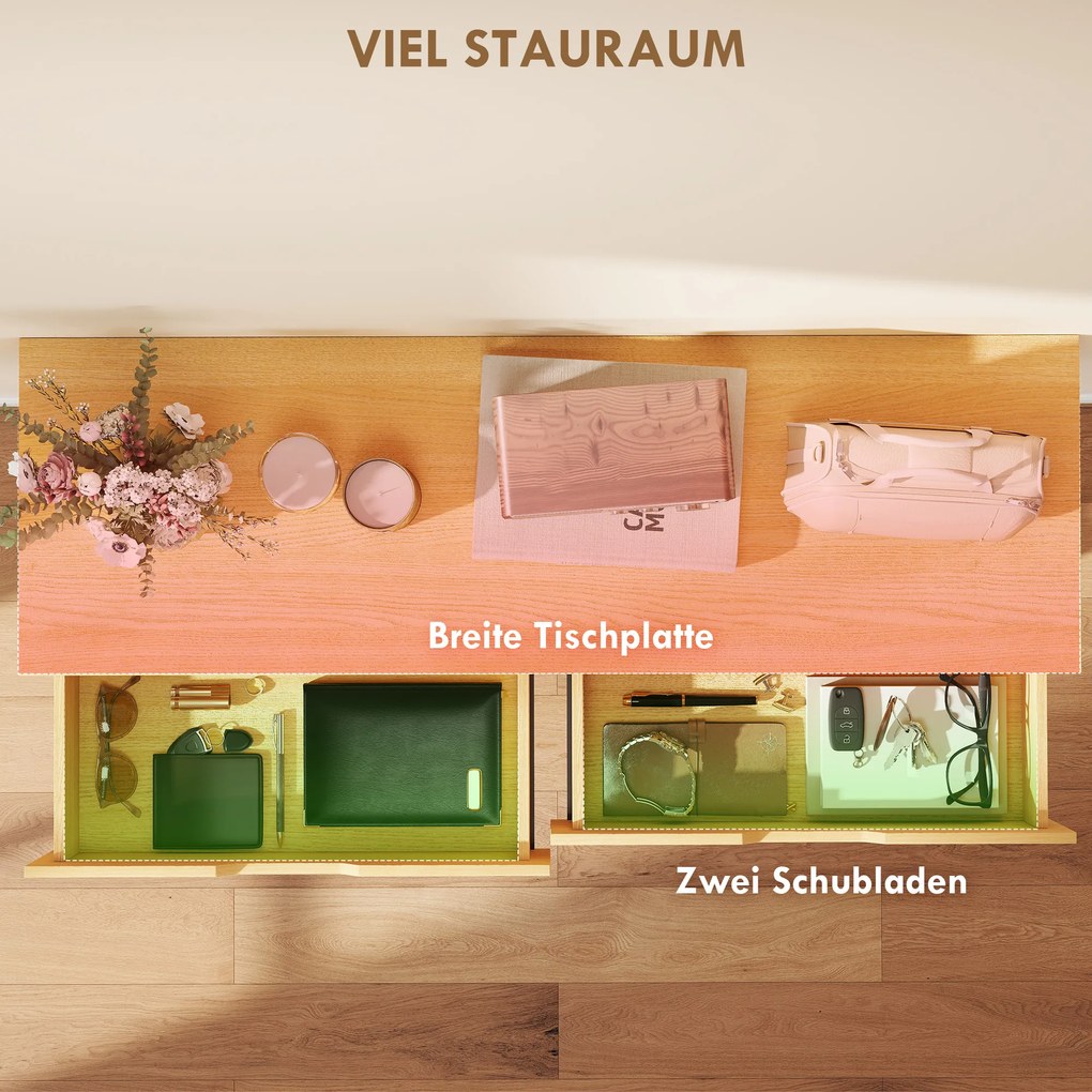 HOMCOM Stolik konsolowy Wąski stolik do przedpokoju z 2 szufladami, metalowa rama, do przedpokoju 110 x 35 x 76,5 cm naturalny | Aosom PL