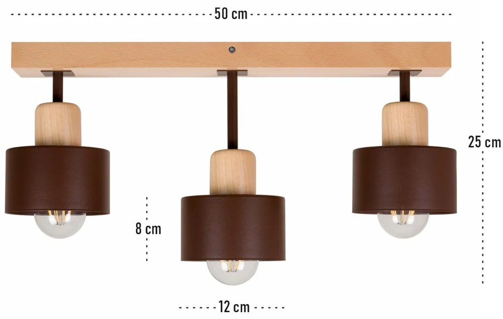 Brązowa lampa sufitowa, trzypunktowy spot DBR50x7BU z drewna i metalu