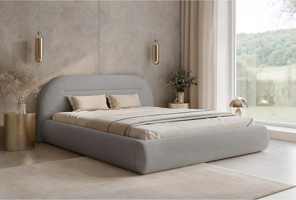 BESILIO Nowoczesne łóżko z pojemnikiem 160x200 Apolline - łóżko zaokrąglone wezgłowie, miękka tkanina pluszowa- Jasnoszary