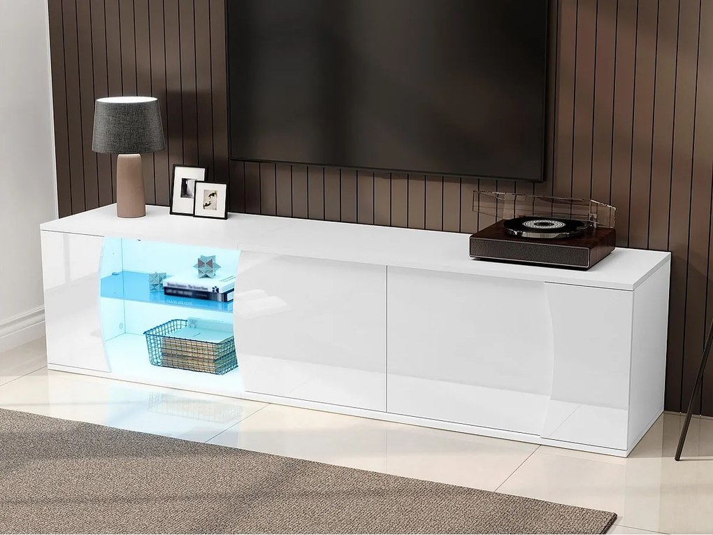Lakierowany mebel TV o wysokim połysku 180x40x45 cm - Oświetlenie LED - 3 drzwi - Szyby ze szkła hartowanego - Płyta wiórowa - Biały