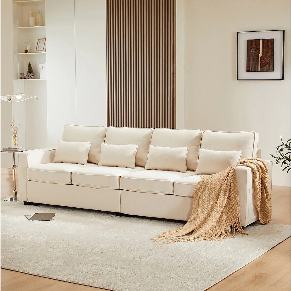 Sofa 4-osobowa z podłokietnikami i 4 poduszkami - beżowy len - do salonów i biur