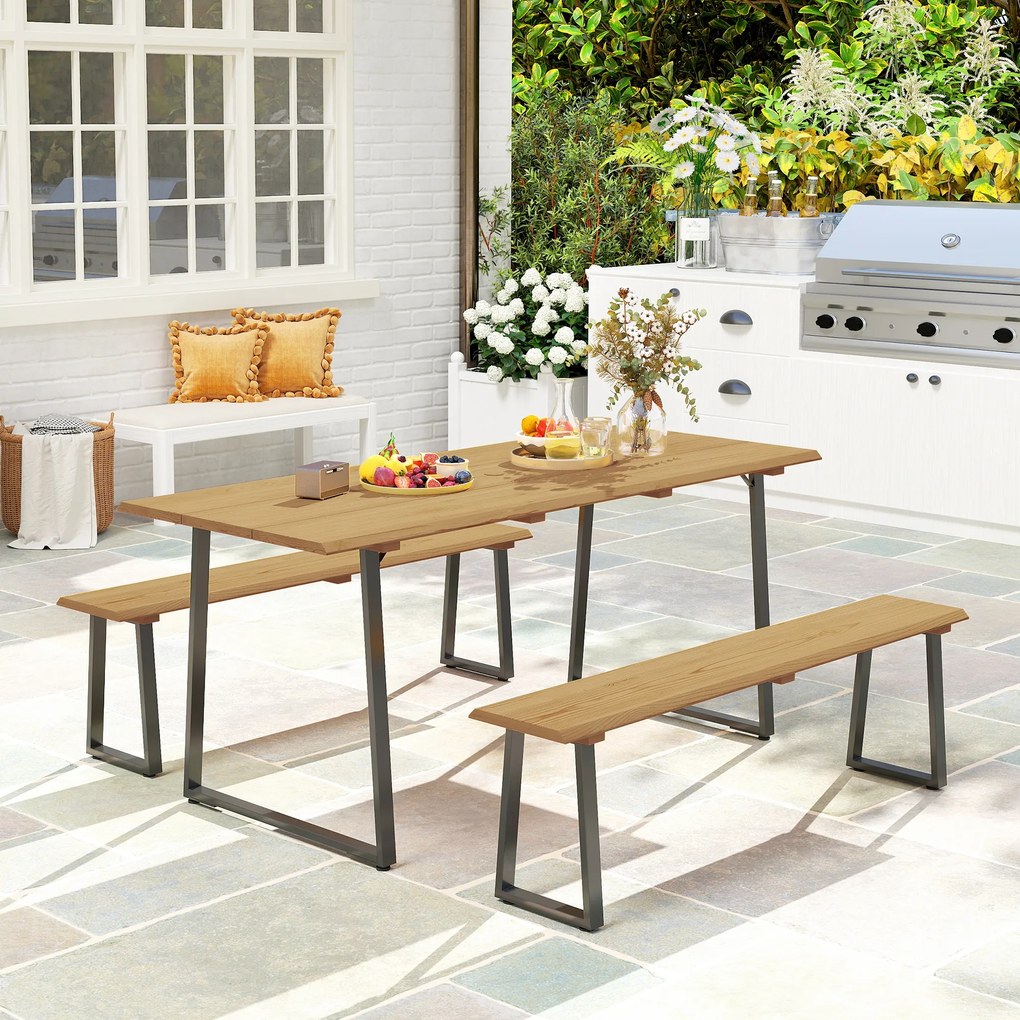 Outsunny Zestaw mebli ogrodowych 3-częściowy, Stół z ławkami dla 6 osób, z otworem na parasol, 178 x 76 x 77 cm, Naturalny