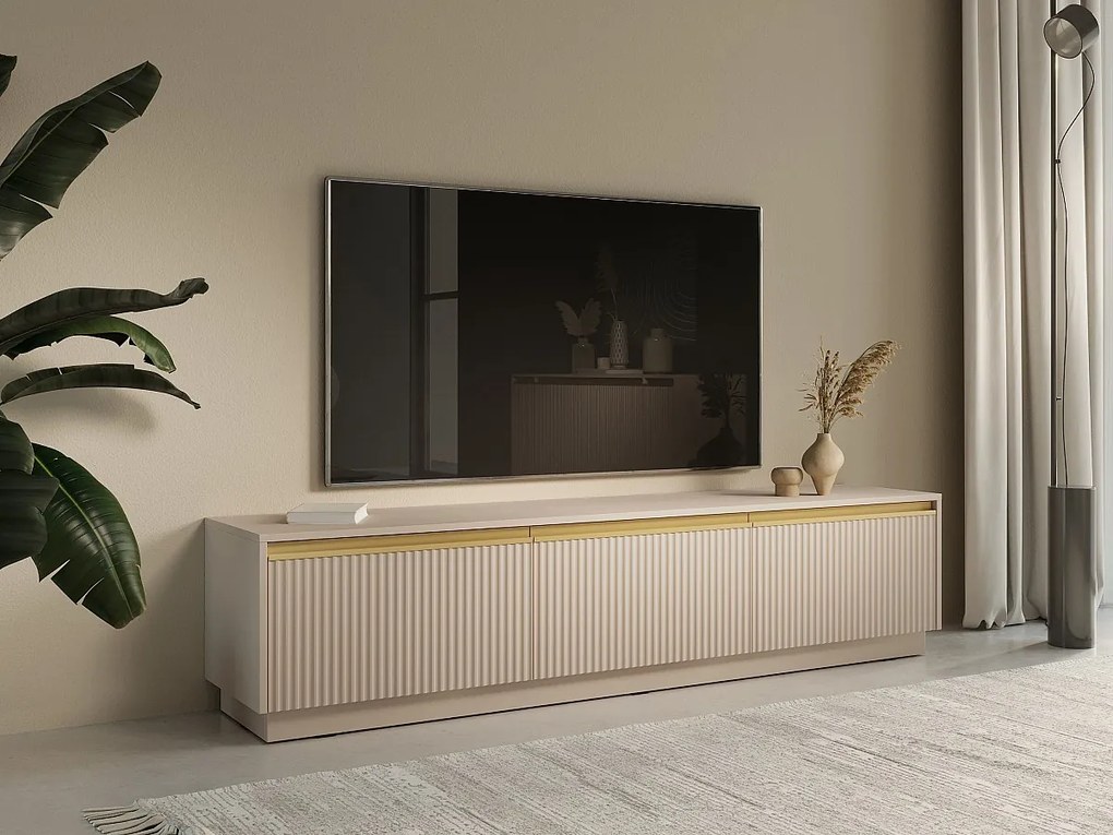 Szafka RTV wisząca lub stojąca 3-drzwiowa z MDF - Beżowy i złoty - POSINIA marki Pascal Morabito