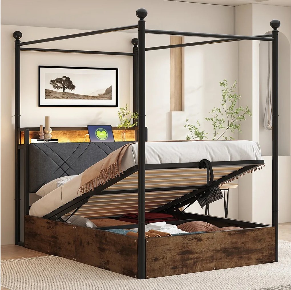 Wielofunkcyjne łóżko metalowe 90x190 cm z hydraulicznym schowkiem, żelaznym baldachimem, wyjmowanymi słupkami, oświetleniem LED i portami USB/Typ-C,czarne