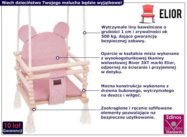 Huśtawka domowa do pokoju dziecka 3w1 z poduszką brudny róż - Gavo