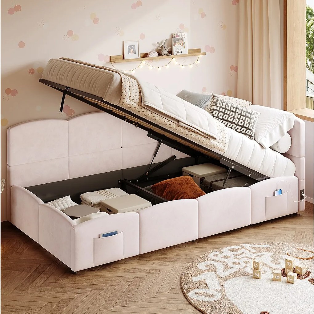 Sofa rozkładana 90x200 cm z pojemnikiem na pościel i stelażem, port USB - różowy aksamit (bez materaca)
