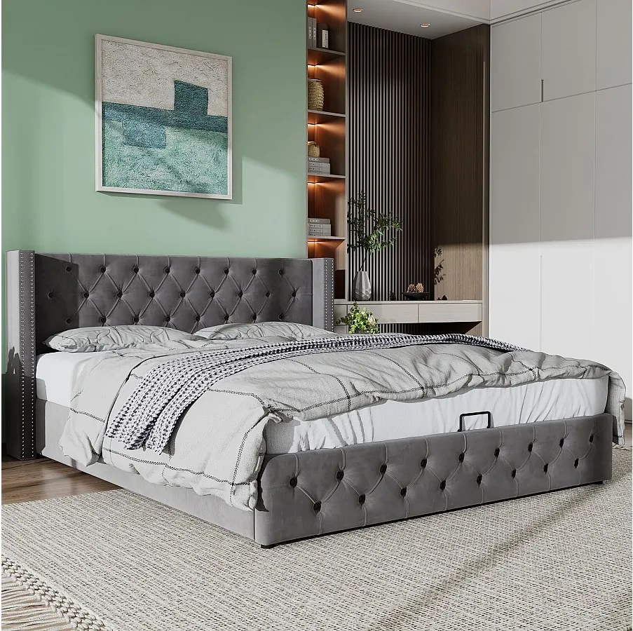 Łóżko welurowe ze schowkiem 180 x 200 cm - łóżko dla dorosłych z nitami - styl skandynawski - szare