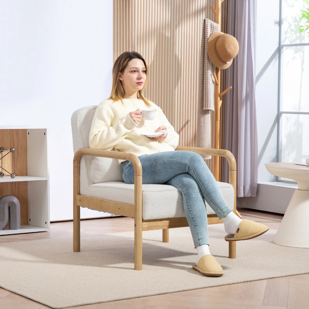 HOMCOM Fotel Akcentowy, Tapicerowany Fotel z Tkaniny, Rama z Drewna Kauczukowego, Nowoczesny Fotel z Poduszką, Biały