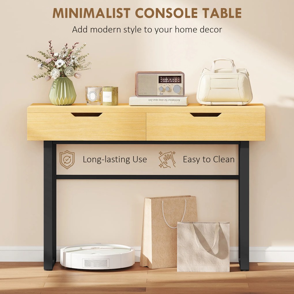 HOMCOM Stolik konsolowy Wąski stolik do przedpokoju z 2 szufladami, metalowa rama, do przedpokoju 110 x 35 x 76,5 cm naturalny | Aosom PL