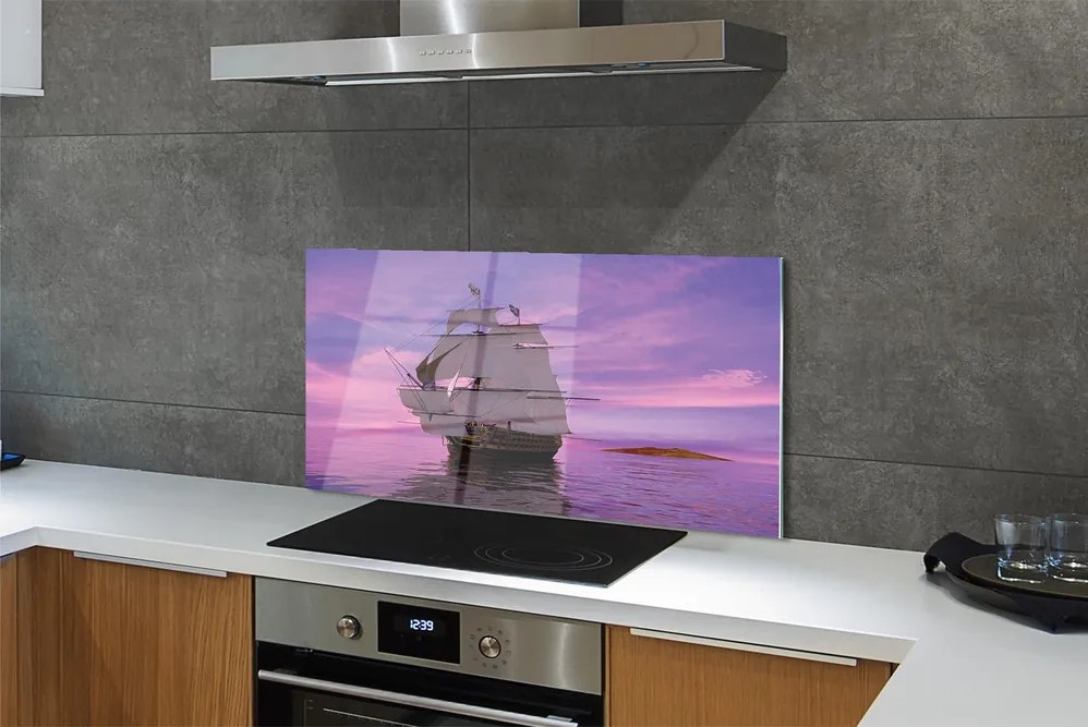 Szkło do Kuchni na Ścianę Statek pod Fioletowym Niebem