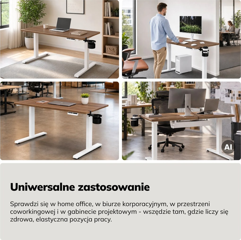 Biurko elektryczne z regulacją wysokości ergonomiczne białe/orzech,1200x600 mm: ARIA