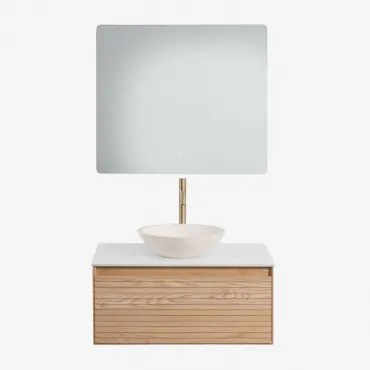 Zestaw Wiszących Mebli Łazienkowych Z Drewna Jesionowego Tedrik Popielaty Brąz & Cement Okrągły - Sklum