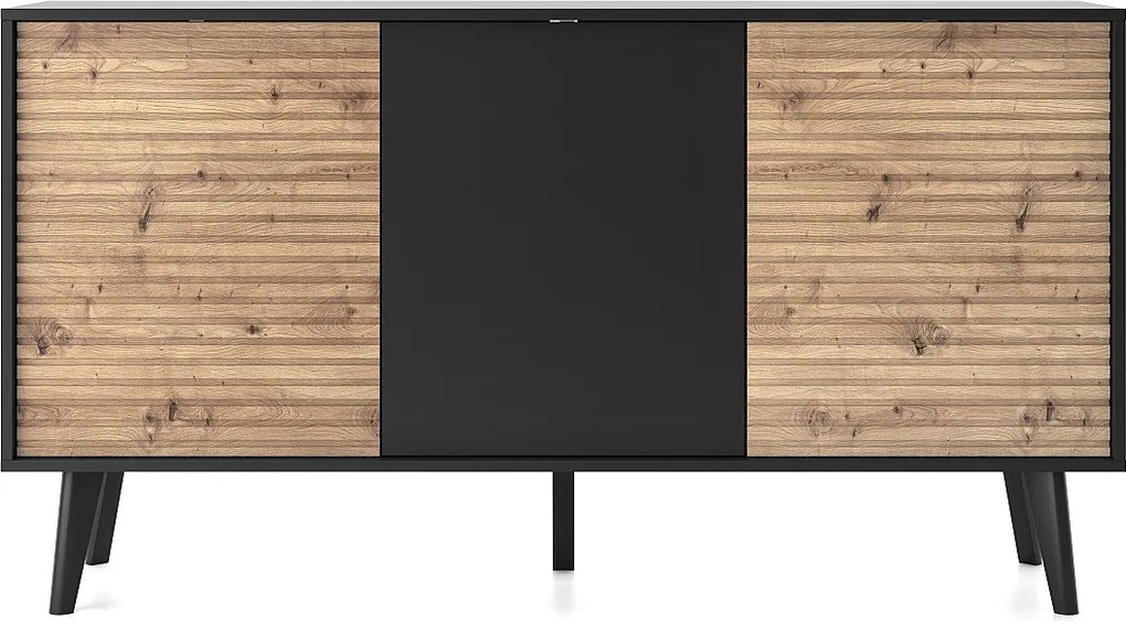 Komoda: 3 drzwi, Czarny / Dąb Artisan, 154 x 83 x 39 cm