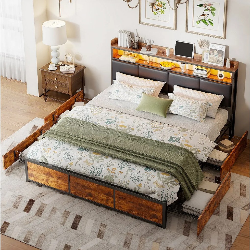 Podwójne łóżko vintage czarne 180x200 cm z 4 szufladami, tapicerowanym zagłówkiem z pilotem LED i metalową ramą z drewnem PU