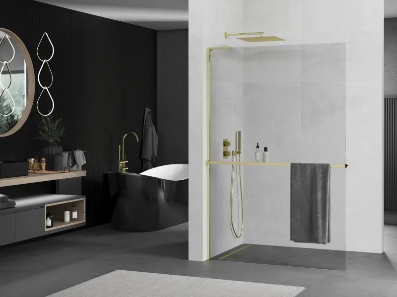 Mexen Kioto+ L ścianka prysznicowa z półką Walk-in 65 x 200 cm, transparent, złota - 800-065-123-50-00