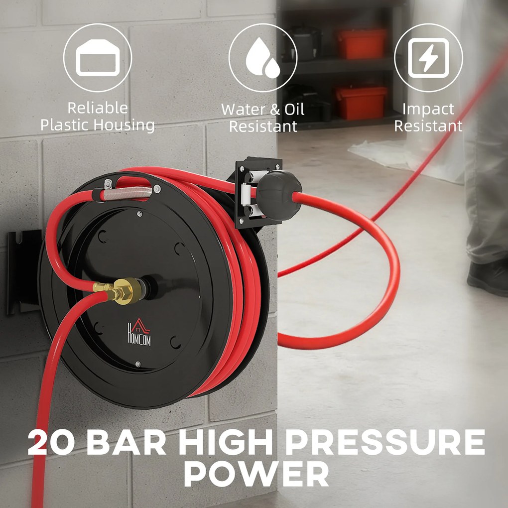HOMCOM Bęben na wąż ogrodowy montowany na ścianie, automatyczne zwijanie, 20 bar ciśnienia wody, 15+1 m wąż wodny, metalowy