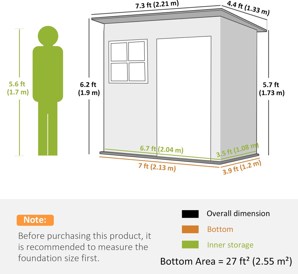 Outsunny Domek Ogrodowy ze Stalową Konstrukcją, z Oknem i Zamkiem, do Ogrodu i Tarasu, 221Dł x 133Szer x 190Wys cm, Szary