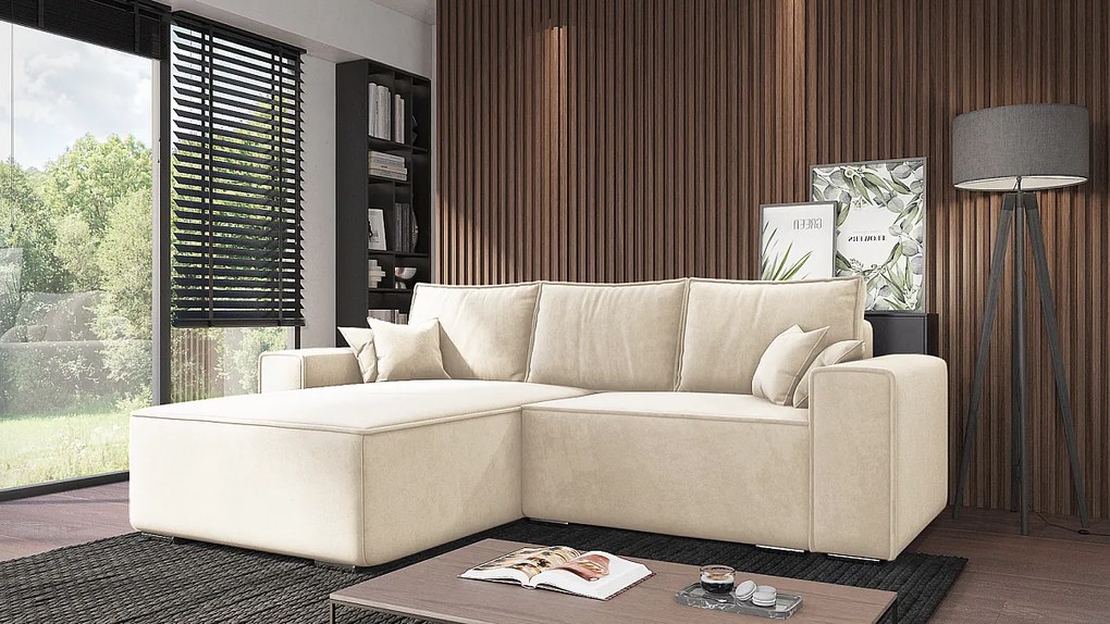 Emporius Lora narożnik rozkładany - narożnik z funkcją spania i pojemnikiem - nowoczesny styl, lewostronny, tkanina aksamitna, wanilia (Amor Velvet 4323)