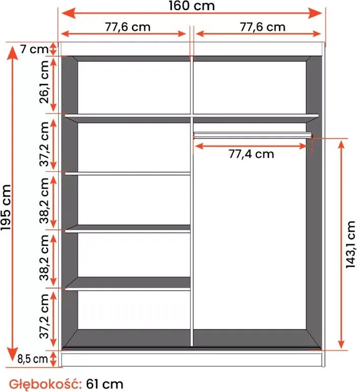Szafa Lento 160 cm z lustrem – nowoczesna szafa przesuwna do sypialni, pojemna, półki i drążek