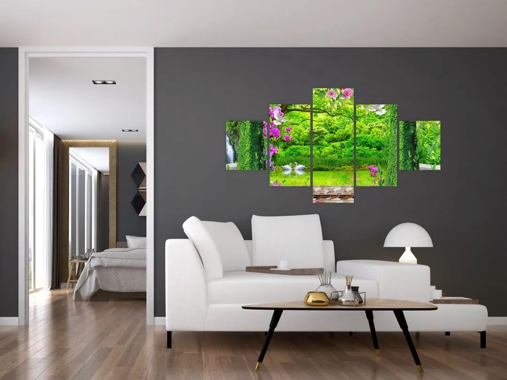 Obraz - Magiczny ogród z łabędziami (125x70 cm)