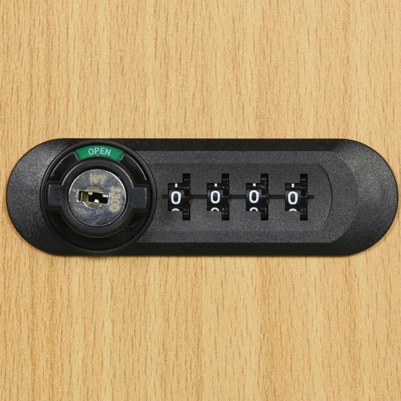 Drewniana szafka skrytkowa S4, 8 schowków, demontaż, zamek mechaniczny z kodem, szary/buk