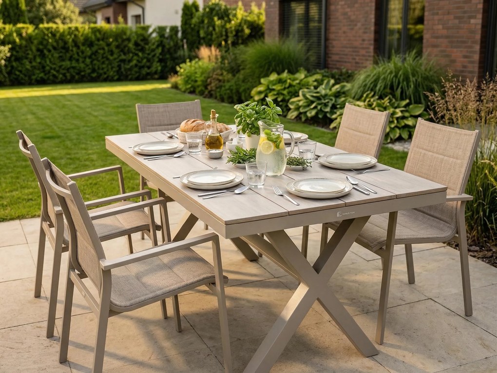 Stół ogrodowy aluminiowy beżowy 150x90x75 cm trwały blat kompozyt drewniany