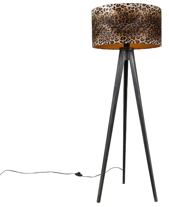 Lampa podłogowa trójnóg czarna z abażurem w panterkę 50 cm - Tripod Classic klasyczny/Antyczny Oswietlenie wewnetrzne