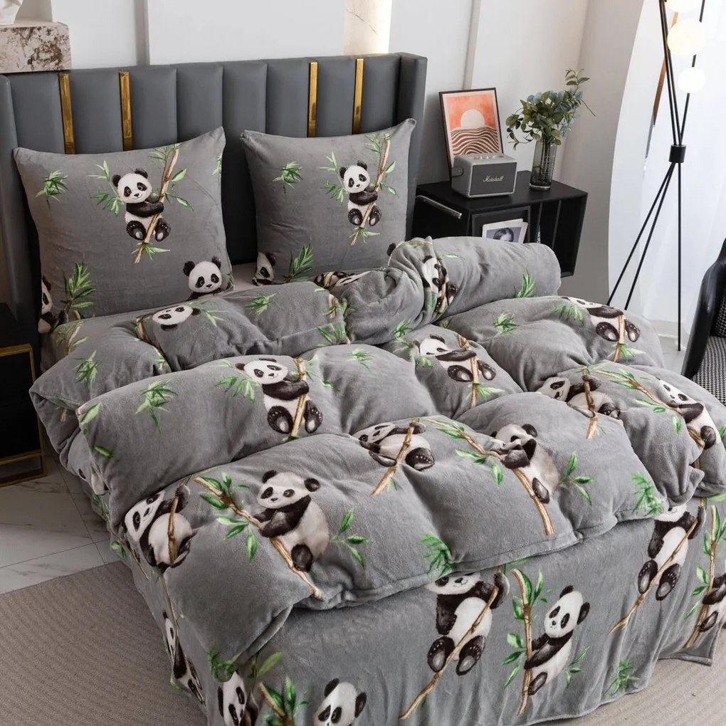 PrzytulneMieszkanie.pl PrzytulneMieszkanie.pl Pościel z mikropluszu HAPPY PANDA szara Rozmiar pościeli: 70 x 80 cm | 140 x 200 cm
