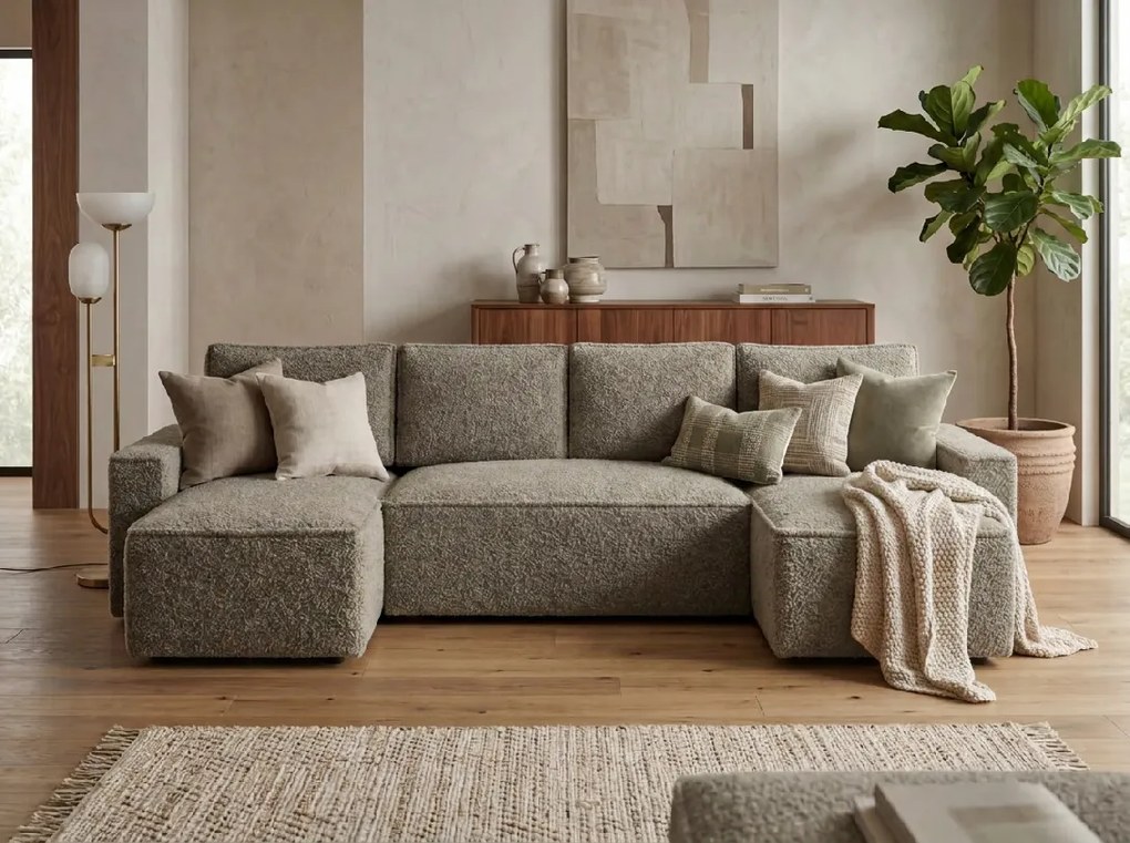 Rozkładana kanapa w kształcie U SMART BOUCLE 303x143 cm, szaro-brązowa