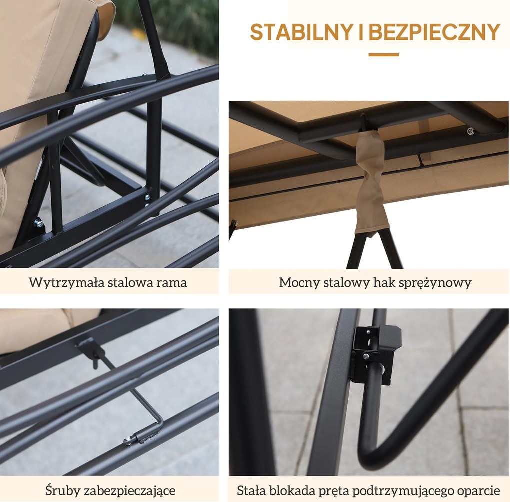 Outsunny Huśtawka ogrodowa 3-osobowa z moskitierą i daszkiem przeciwsłonecznym beżowa | Aosom PL