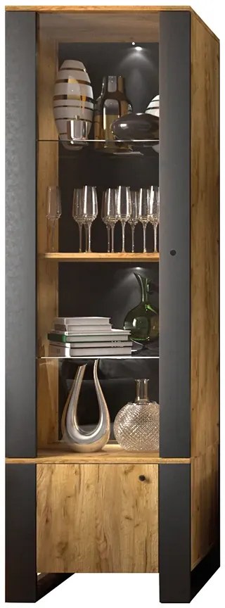 Wysoka witryna słupek z półkami i szafką L1-P69