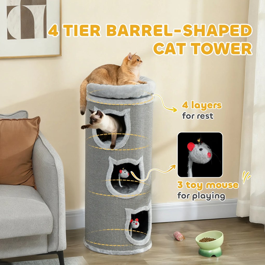 PawHut Beczka do drapania dla kotów, 96 cm, 4-poziomowa wieża dla kotów z możliwym do prania łóżkiem, 3 sypialnie, wiszące zabawki, dla wielu kotów Szary