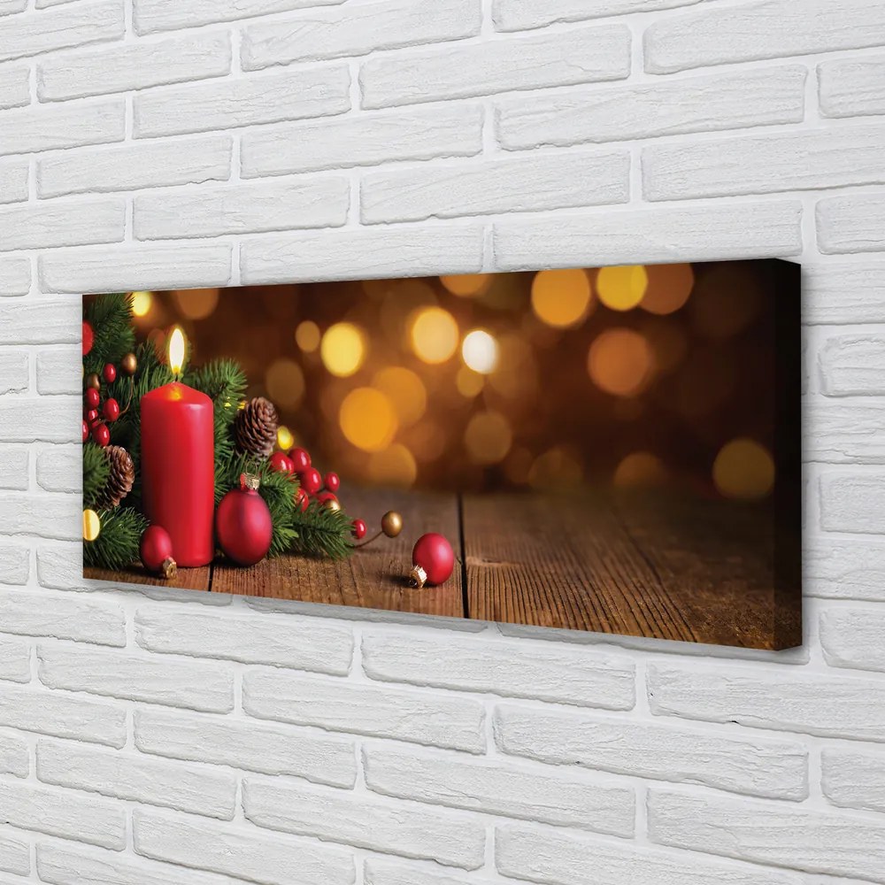 Obraz na płótnie Świeca, Gałązki i Bombki na Desce