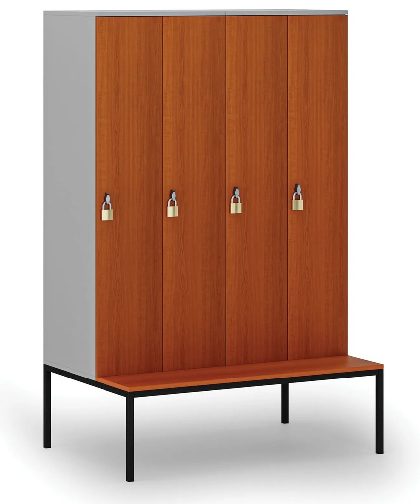 Drewniana szafa ubraniowa S4 z ławką, 4-drzwiowa, 1871 x 1200 x 500/800 mm, demontaż, zamek obrotowy, szary/czereśnia