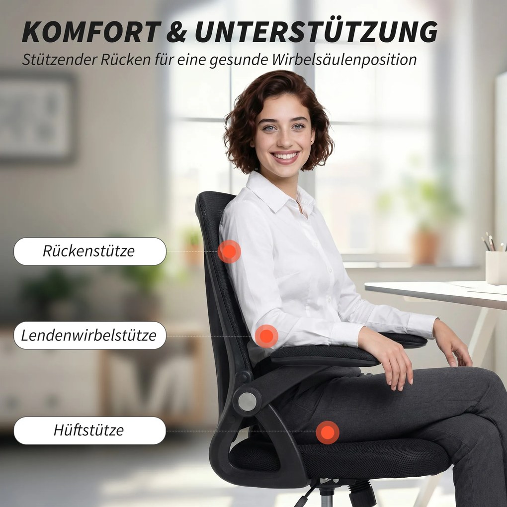 HOMCOM Fotel biurowy Ergonomiczny regulowany fotel biurkowy z podnoszonymi podłokietnikami, podparciem lędźwiowym, czarny | Aosom PL