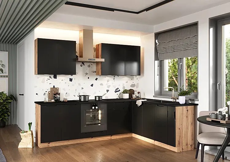 Zestaw mebli kuchennych narożnych 260 cm dąb artisan + czarny F9-S42