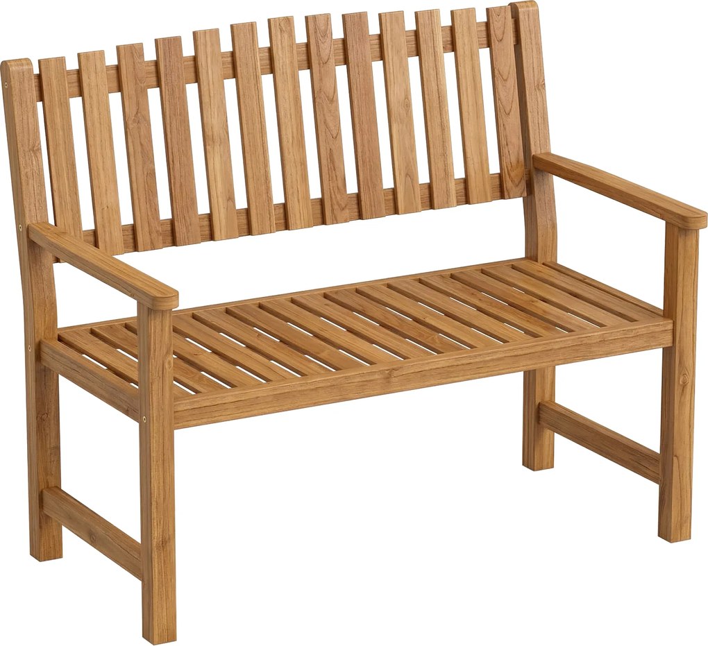 Outsunny Ławka ogrodowa 2-osobowa, odporna na warunki atmosferyczne, drewniana ławka z lamelowym designem i podłokietnikami, do 320 kg, 112 x 64 x 92 cm, naturalne drewno | Aosom PL