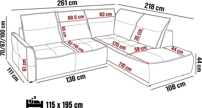 Narożnik MURILLO L z elektryczną regulacją siedziska Prawostronny w tkaninie VOGUE 01 WERSAL