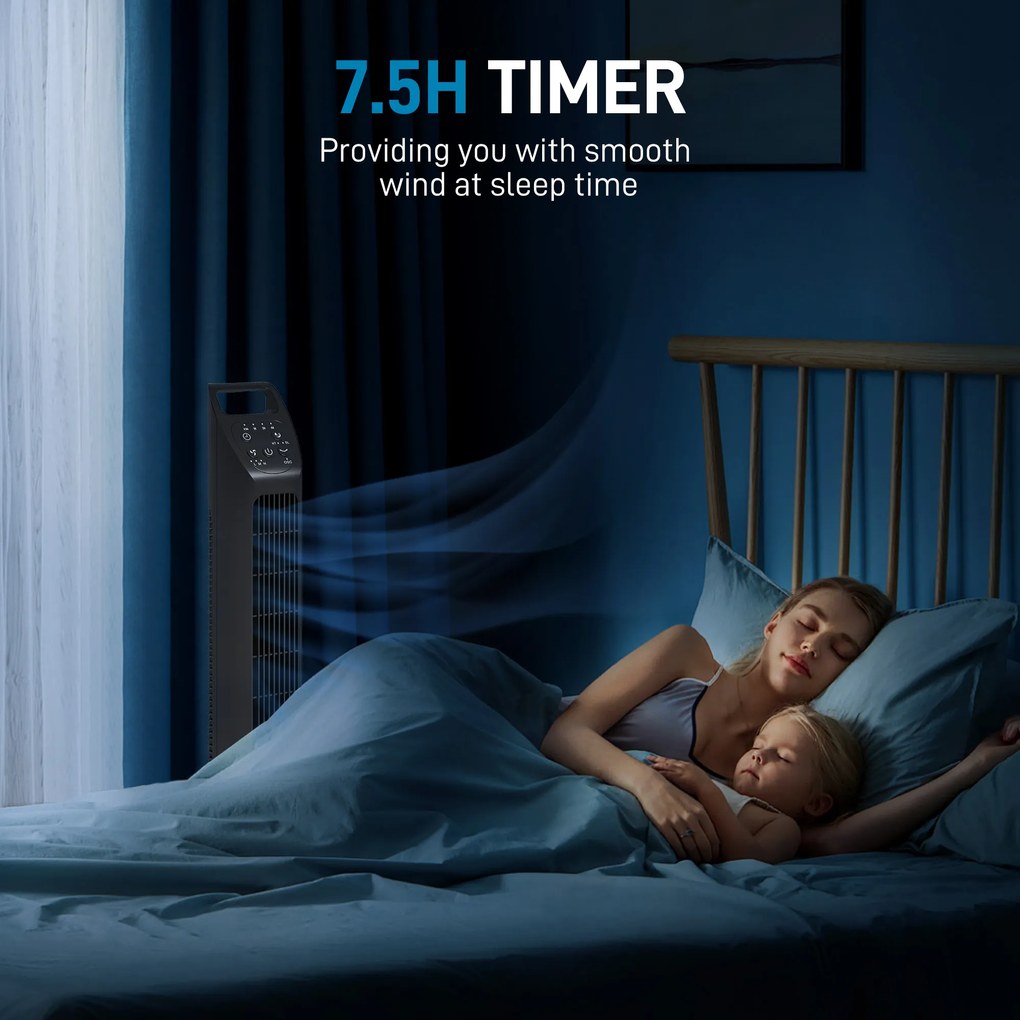 HOMCOM Wentylator stojący, wieżowy, klimatyzacja, 3 tryby, obrotowy, timer, Czarny