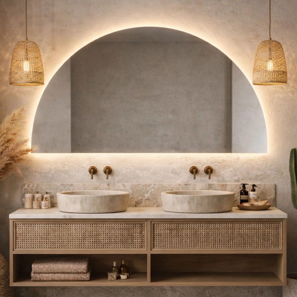 Lustro półokrągłe bezramowe oszlifowane z podświetleniem MOON Half LED | Różne rozmiary | Różne kolory : Kolor tafli szkła - Srebrny, Rozmiar - 160 x 80 cm