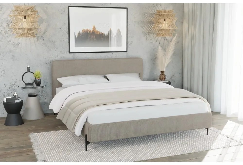 Jasnobrązowe tapicerowane łóżko dwuosobowe ze stelażem 200x200 cm Barker – Ropez