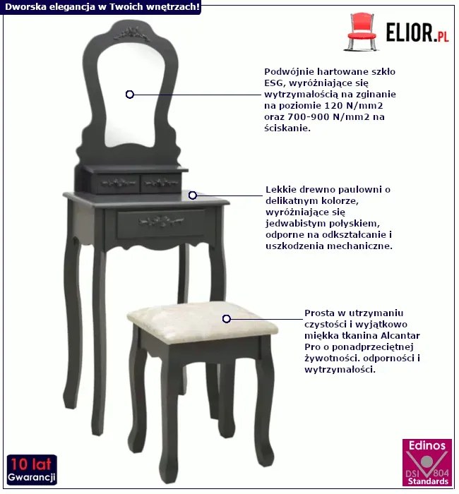 Szara toaletka ze stołkiem - Zehio