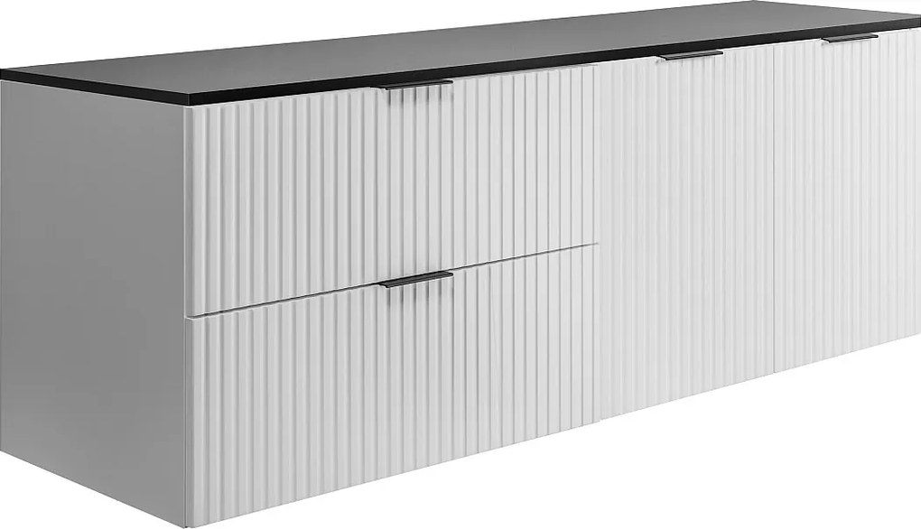 Zestaw łazienkowy: szafka z szufladami i szafka z drzwiami 57×46×160 cm, kolor: biały / blat czarny, uchwyt czarny