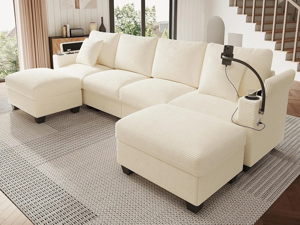 Kanapa 4-osobowa w kształcie litery U - Welur żebrowany - Wyposażona w uchwyt na telefon i port ładowania USB - Beżowy