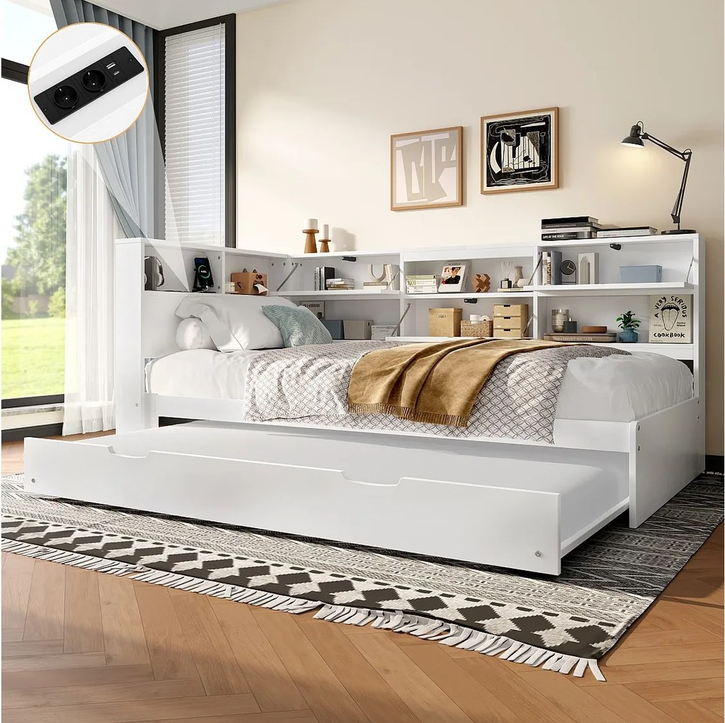 Sofa dziecięca rozkładana - 90 x 200 cm + 90 x 190 cm - łóżko wysuwane - zagłówek ze schowkiem - drewno + MDF - biała