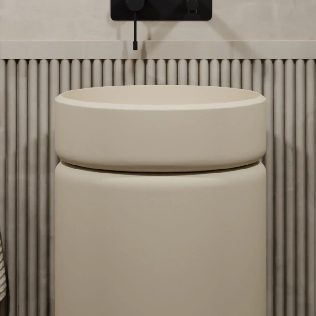 Umywalka z konglomeratu wolnostojąca okrągła beżowa matowa 85 x 40 cm RONA Beige Matt : Podłączenie syfonu - Do podłogi