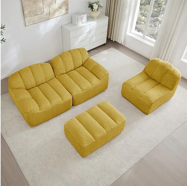 Canapé 3 places modulable en forme de L - avec pouf - velours côtelé - 288x165x79cm - Jaune